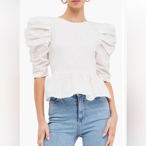 English Factory Pleated Puff Sleeve Peplum Blouse White Medium *Flaw